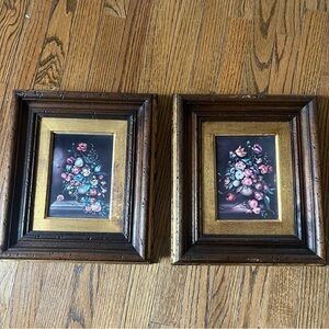 Vintage Italian Floral Still Life Paintings Ornate Wood Framed Set Of 2